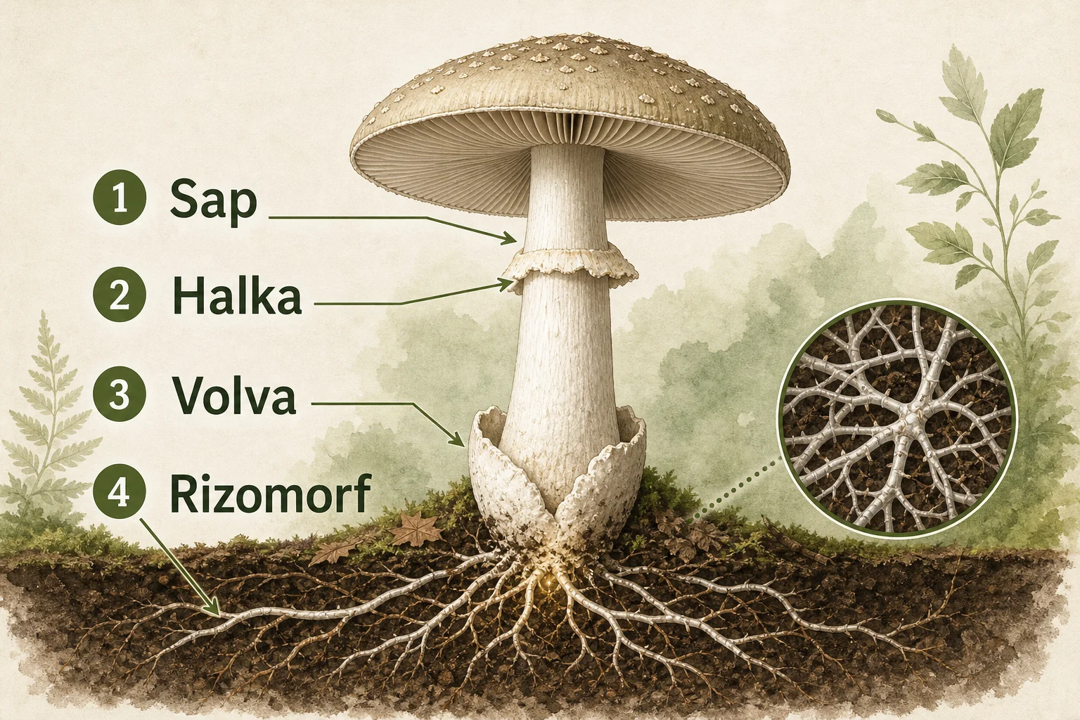 İnfografik: Sap ve taban yapıları: destek, halka, volva ve rizomorflar neden önemlidir? - Mantar Anatomisi: Şapka, Lamel, Sap ve Miselyum